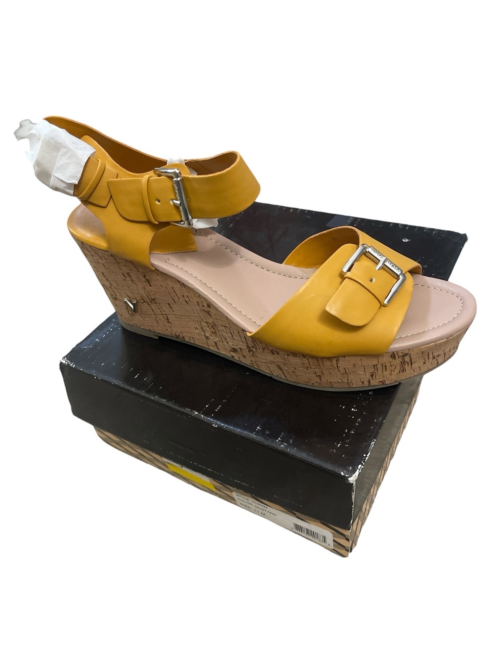 Victor Alfaro Mustard Yellow Buckled Cork Wedge Platform Sandal